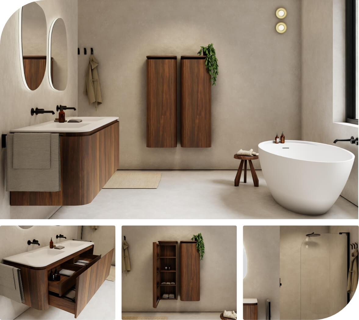 Stijlvol badkamermeubel in donker hout met afgeronde hoeken, bijpassende kolomkasten en vrijstaand bad.